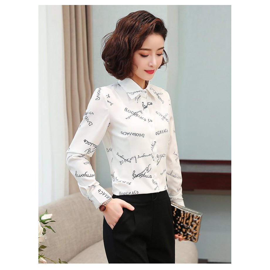 Áo sơ mi nữ công sở họa tiết chữ xinh xắn Sm07