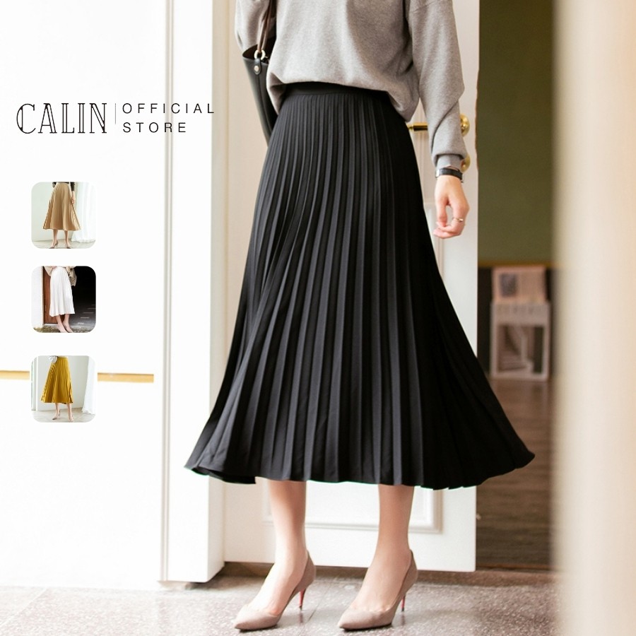 Chân váy xếp ly nữ dáng dài màu đen Calin