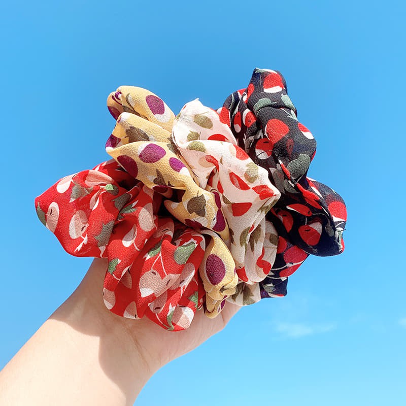 Dây buộc tóc vải scrunchies vải voan họa tiết trái táo