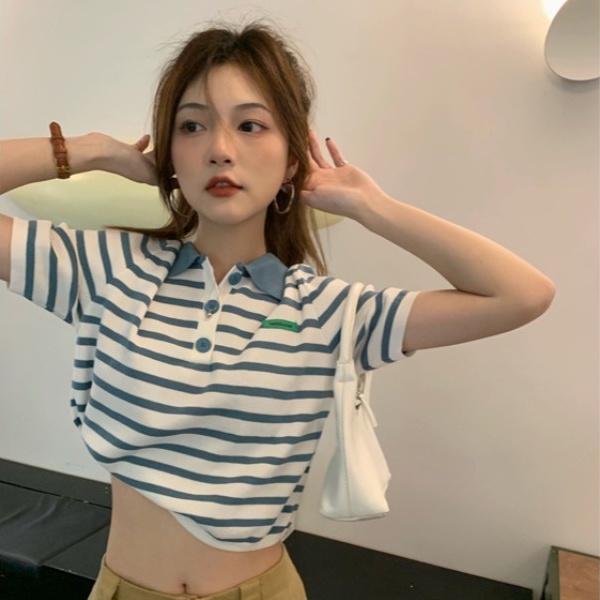 Áo thun polo ZHELIHANGFEI vải dệt kim ngắn tay kẻ sọc thời trang