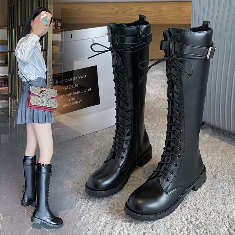 Bốt đùi da mềm buộc dây, kéo khoá sườn trẻ trung (Ảnh Thật)