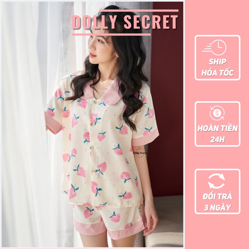 Bộ mặc nhà lụa mango cộc tay Pijama màu hồng đáng yêu họa tiết trái dâu dễ thương DOLLY SECRET CC06
