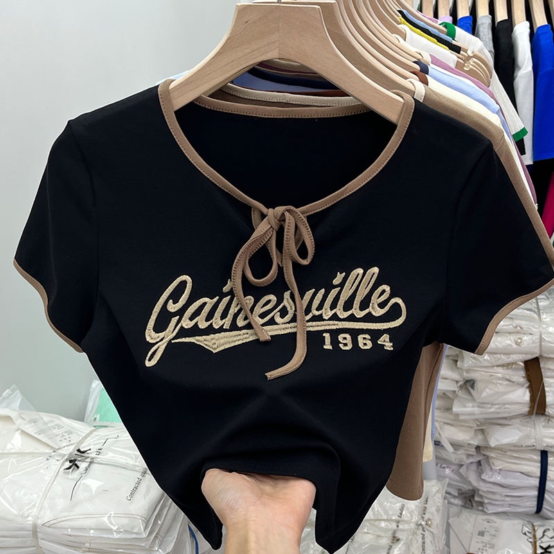 Áo thun BH ngắn tay cổ phối dây thêu họa tiết thời trang mùa hè cho nữ