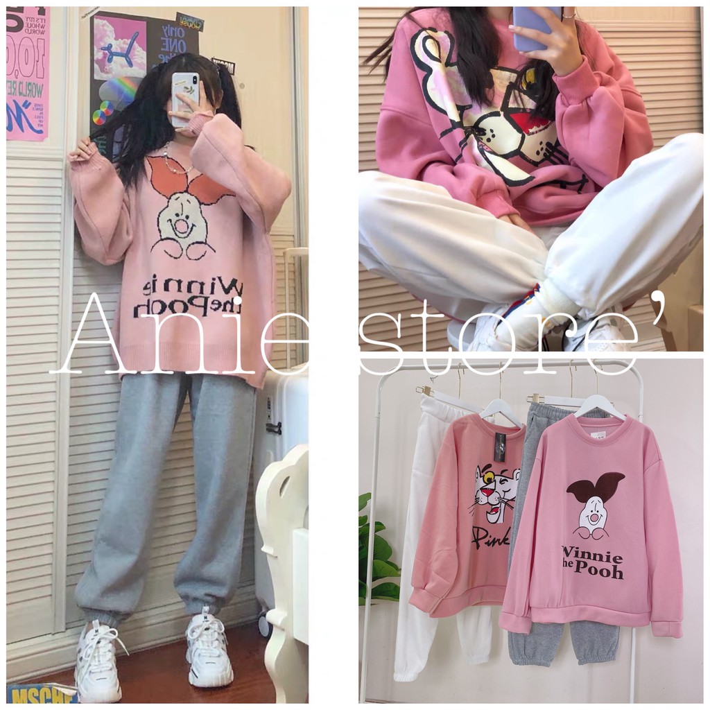Bộ Nỉ Nữ Báo Heo Hồng Dài Tay 🦋 Set Áo Nỉ Cotton In Hình Kèm Quần Jogger 🦋