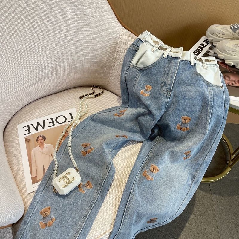 Quần Jeans Ống Rộng Lưng Cao In Hình Gấu Hoạt Hình