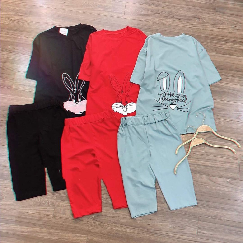 Đồ bộ nữ mặc nhà chất liệu vải thun Cotton 100%, 3 size, 45-80kg vừa, 672, In hình thỏ | BigBuy360 - bigbuy360.vn