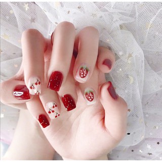 Bộ 24 Móng Tay Giả Đỏ Trái Dâu (keo dán )