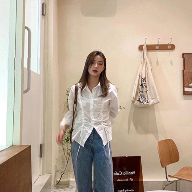 Áo sơ mi trắng dài tay phối dây rút phong cách Hàn Quốc cho nữ