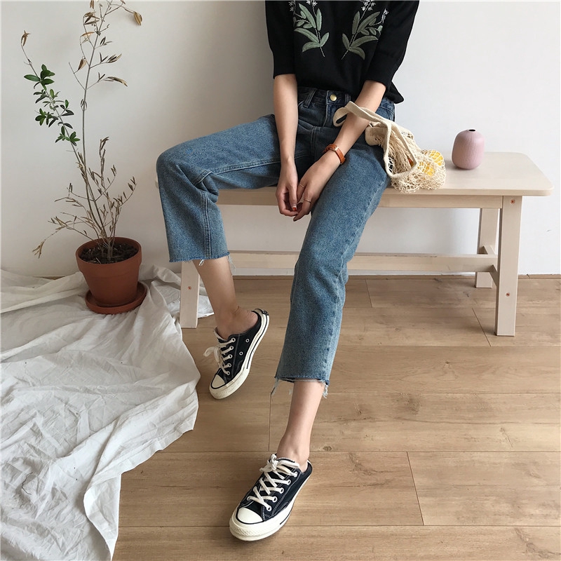 Quần jeans nữ lưng cao ống rộng thời trang Retro