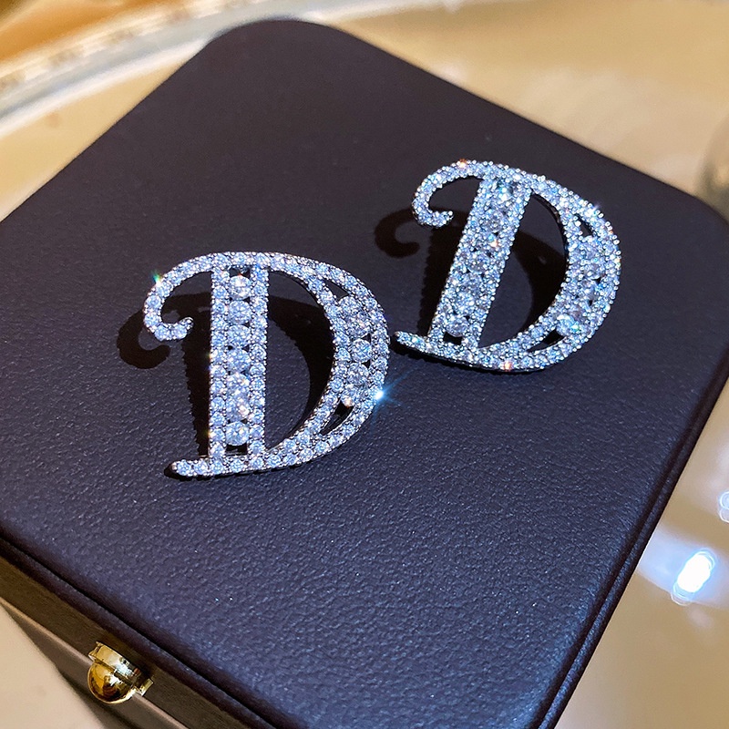 Bông Tai Mạ Bạc 2022 Hình Chữ D Đính Đá Zircon Phong Cách Hàn Quốc