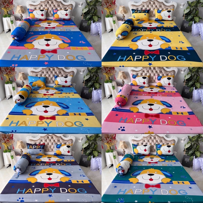 Bộ drap thun hàn quốc 4 món mẫu chú cún happy siêu cưng