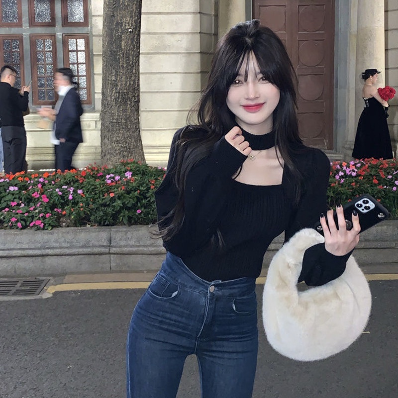 Áo dệt kim cổ vuông tay phồng phong cách Pháp quyến rũ