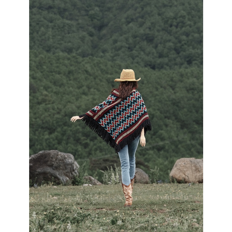 Áo len boho mùa thu đông họa tiết đẹp dáng khăn