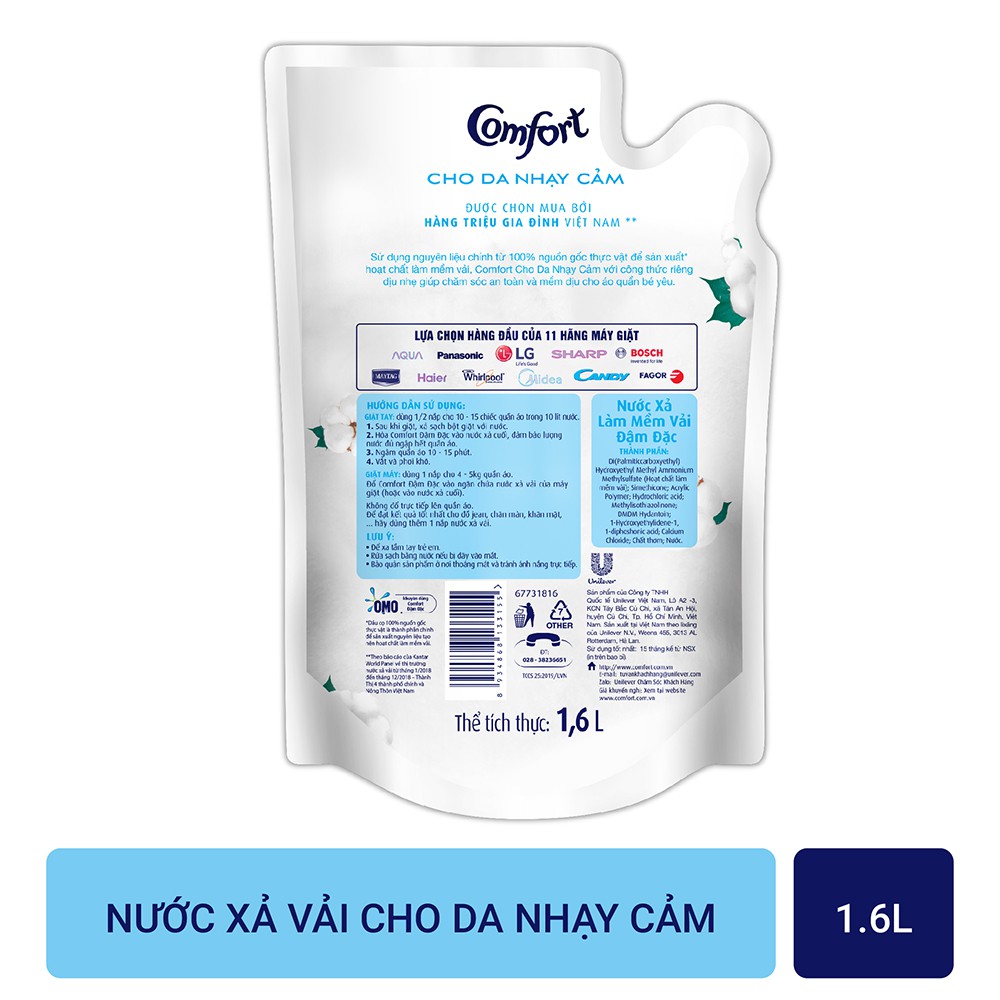 [Mã HCMST5 giảm 10K đơn 99K] Nước xả vải Comfort (1.6L) Túi Nước Xả Vải Cho Da Nhạy Cảm