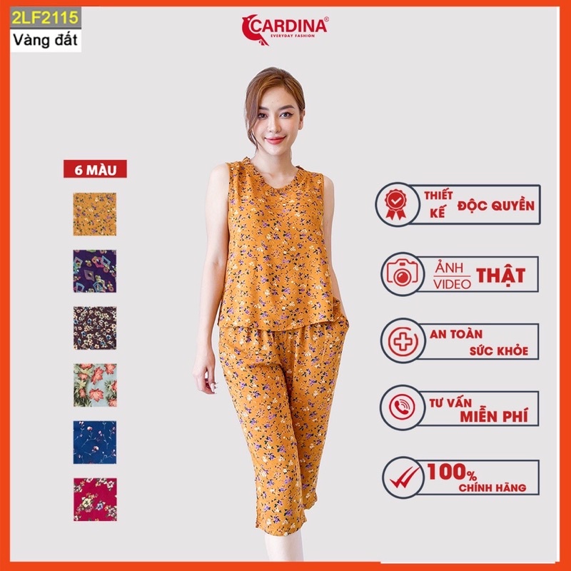 Đồ bộ nữ CARDINA chất lanh tre Nhật cao cấp quần lửng áo sát nách cổ tròn họa tiết tinh tế
