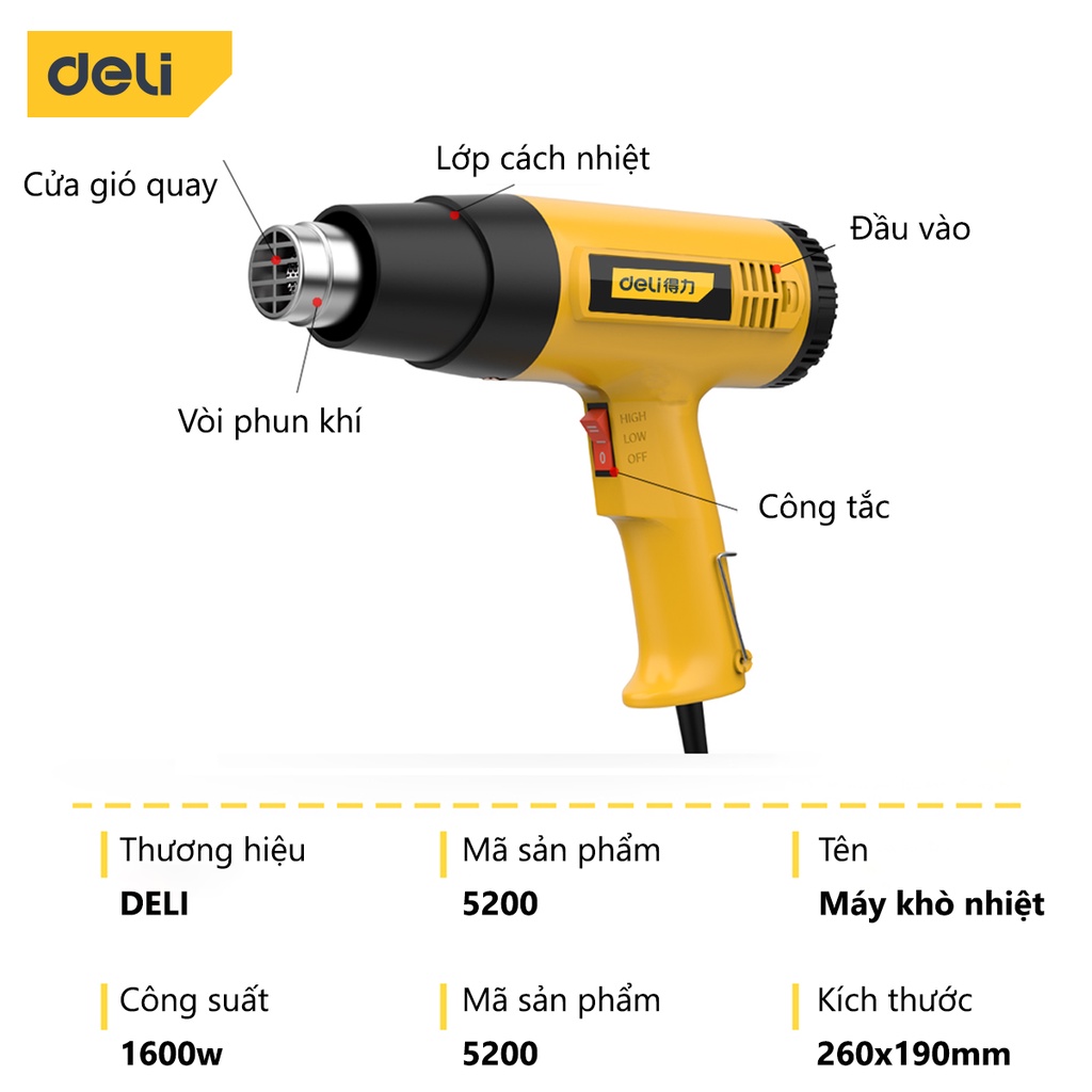 Máy Khò Hơi Nóng Deli Cao Cấp Công Suất Cao 1600W - Co Màng Cơ Đóng Gói Hàng Hóa - Dễ Dàng Và An Toàn Sử Dụng - DL5200