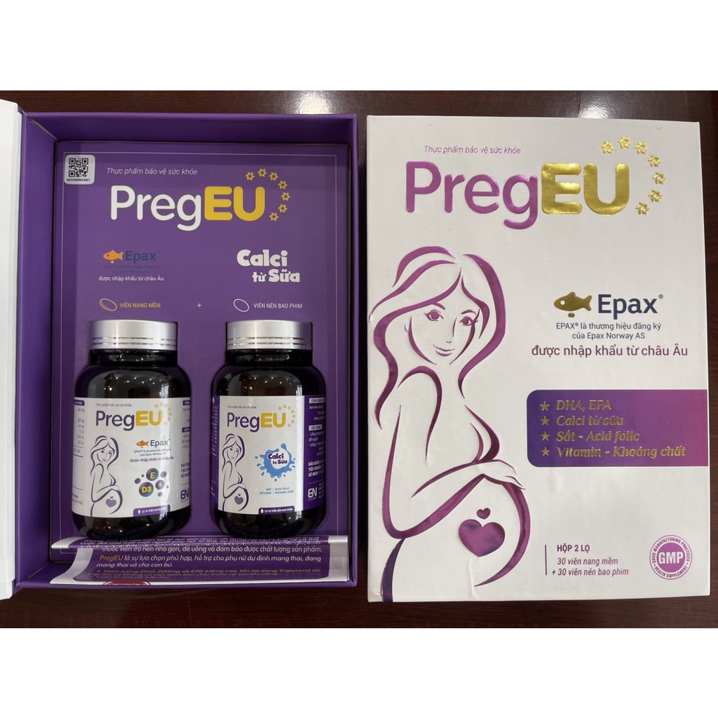 Vitamin Tổng Hợp Cho Bà Bầu PregEU Bổ sung DHA &amp; Vi Chất Cho Phụ Nữ Đang Mang Thai Và Cho Con Bú 60 Viên/2 Lọ  TTP036