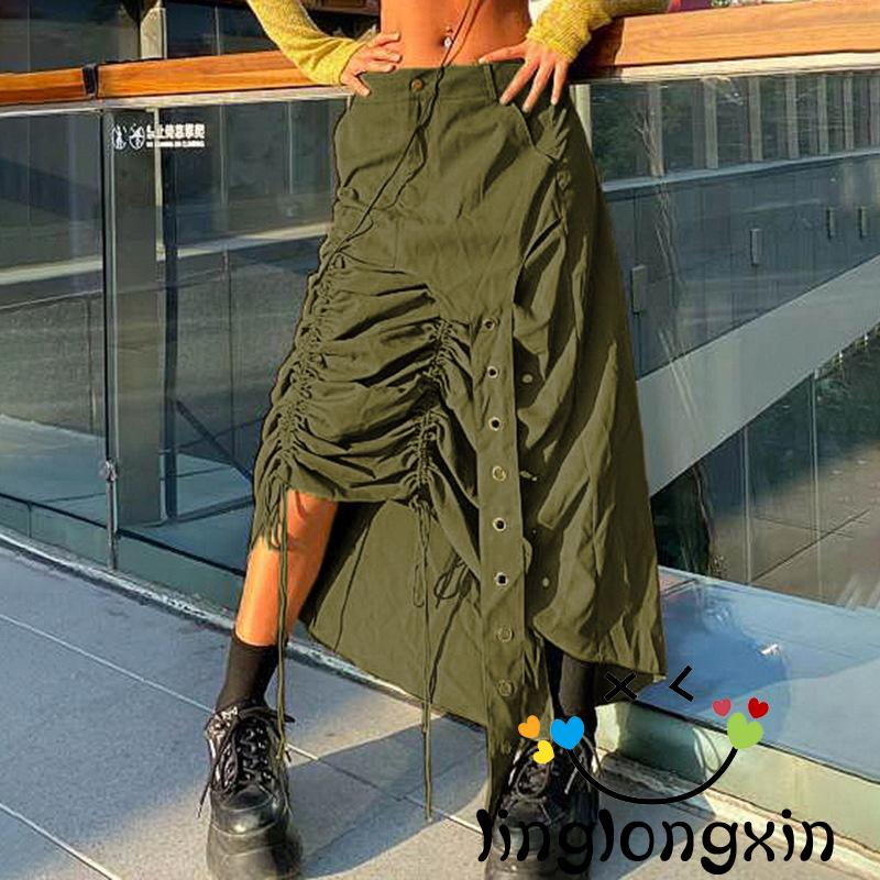Chân Váy Dài Màu Trơn Phong Cách Vintage Y2K Có Khóa Kéo Dành Cho Nữ