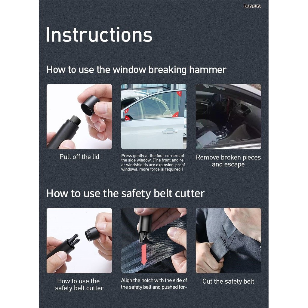 Dụng cụ sinh tồn , búa thoát hiểm Baseus Sharp Tool Safety Hammer (tích hợp Dao cắt và phá kính)