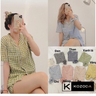 Set Pijama kẻ caro kèm scrunchies siêu xinh, Bộ đồ kẻ kèm chun buộc tóc mặc đi chơi mặc ở nhà đẹp dáng tôn da Kozoda M54