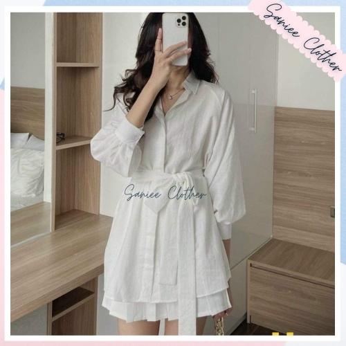 Set áo sơ mi kèm dây đai phối quần chất đũi mát 02 Màu SanieeClother