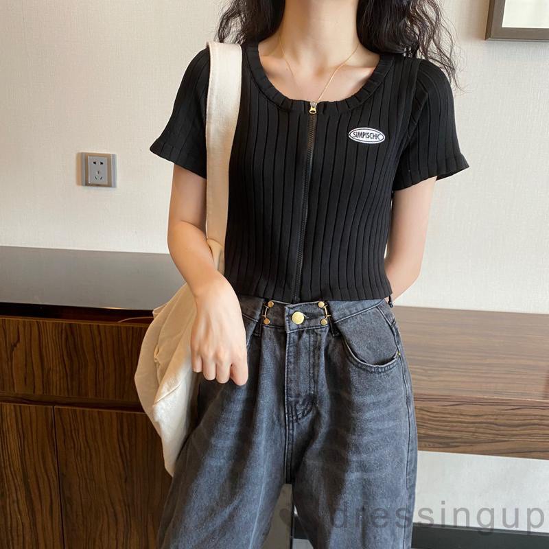 Áo Thun Tay Ngắn Có Khóa Kéo Thêu Chữ Quyến Rũ Dành Cho Nữ