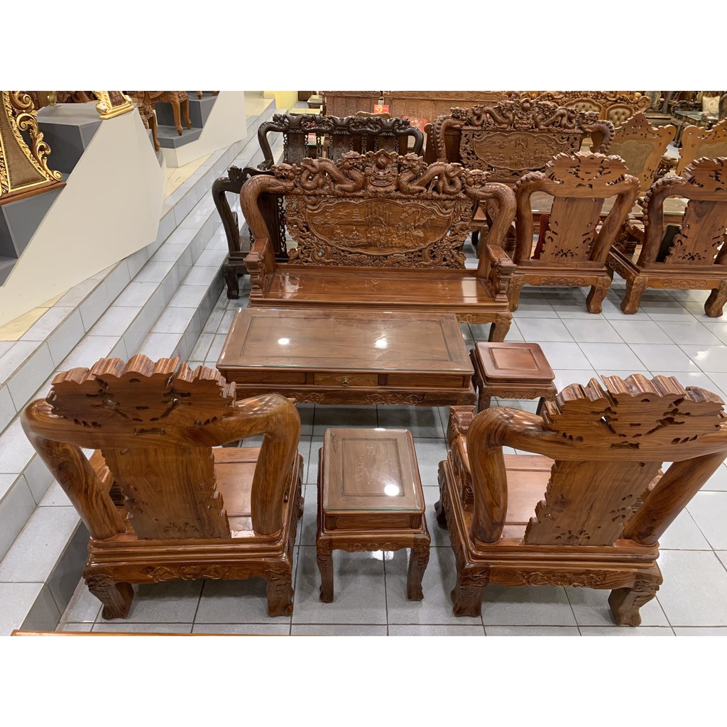 Bộ bàn ghế lưỡng long chầu nguyệt gỗ hương vân cao cấp tay 12, 6 món
