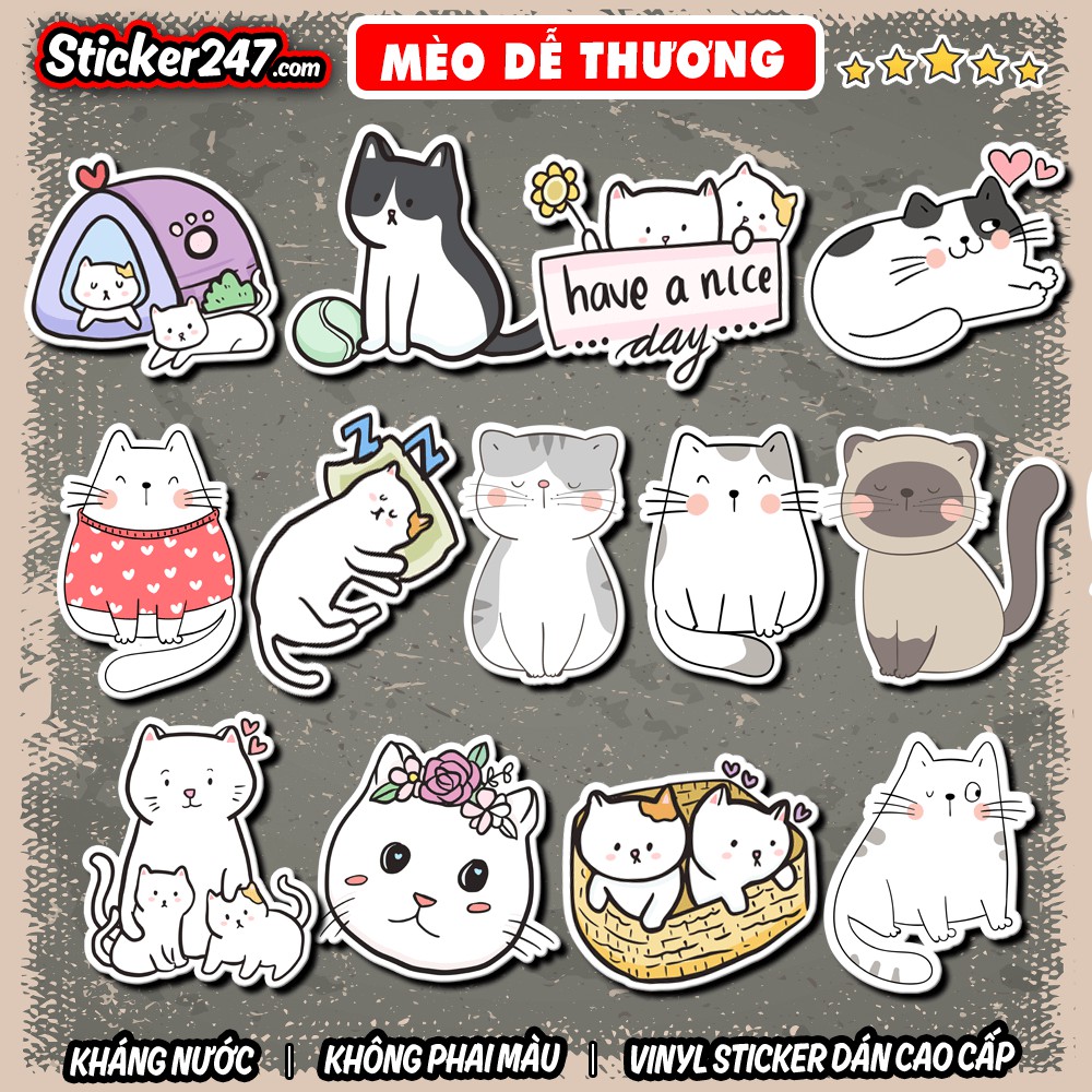 Sticker Mèo Dễ Thương Cute 𝑭𝒓𝒆𝒆𝒔𝒉𝒊𝒑 chống nước, sticker dán laptop, điện thoại, đàn guitar, mũ bảo hiểm, vali, ipad