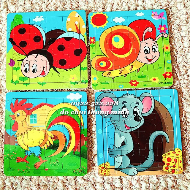 Ghép hình puzzle 16 miếng (16 mảnh) gỗ CÓ KHUNG NỀN MẪU cho bé ghép theo