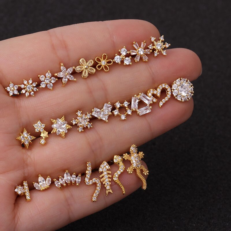 1 Cặp Khuyên Tai Thép Không Gỉ Xỏ Sụn Tai Hình Hoa / Vương Miện / Ngôi Sao / Vương Miện Màu S