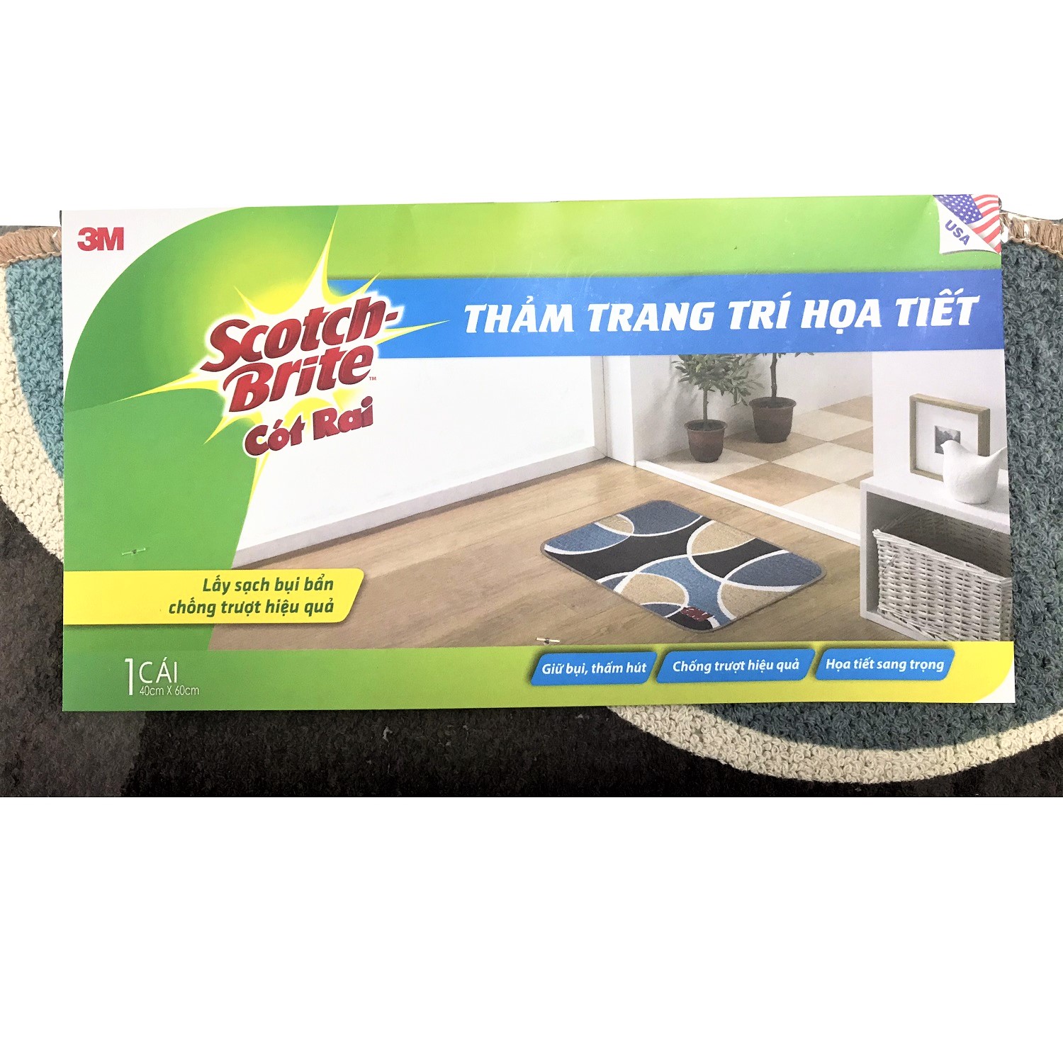 Thảm chống trượt cao cấp Scotch Brite 3M 40x60cm đa năng, lấy bụi hiệu quả, thấm hút nước tốt, hoạ tiết đường cong