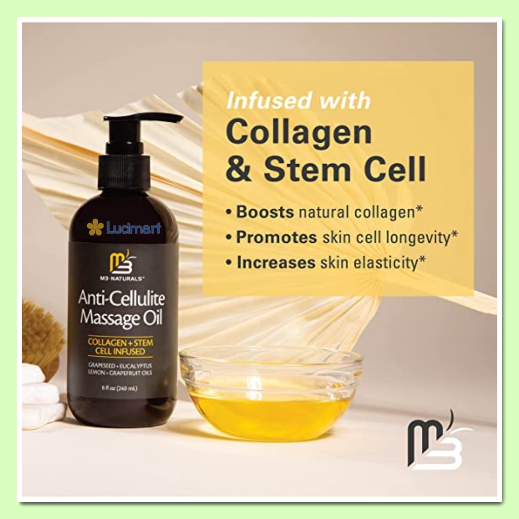 Dầu Massage Body giảm rạn da M3 Naturals Anti Cellulite Massage Oil Collagen Stem Cell Infused 240ml [Hàng Mỹ]