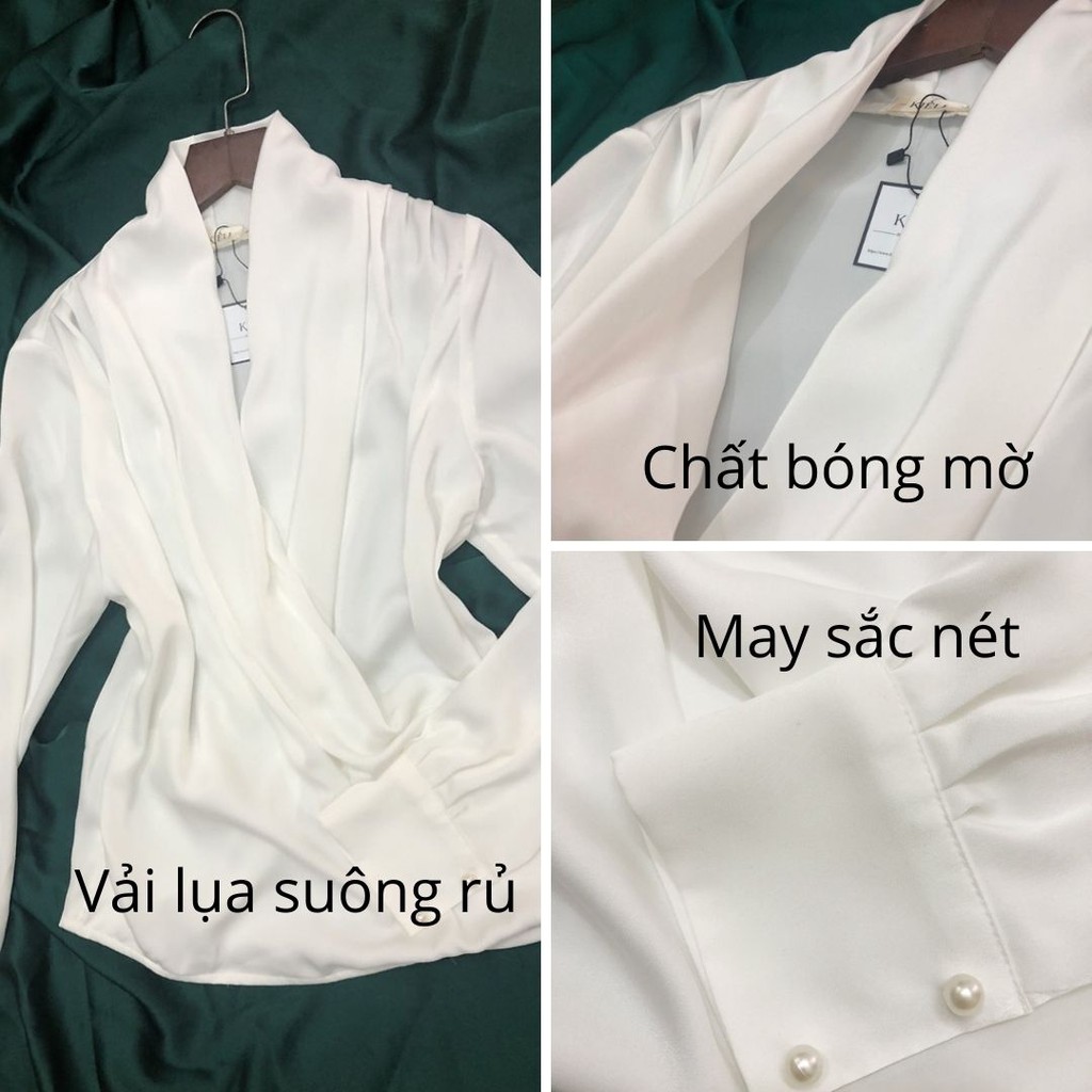 Áo lụa vạt chéo trắng💖dài tay💖Áo trắng đắp vạt