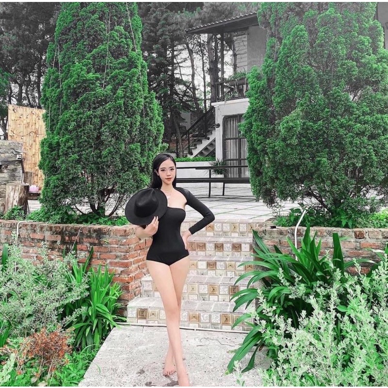 Bikini liền 1mảnh  đen tay dài (  Hàng có sẵn )