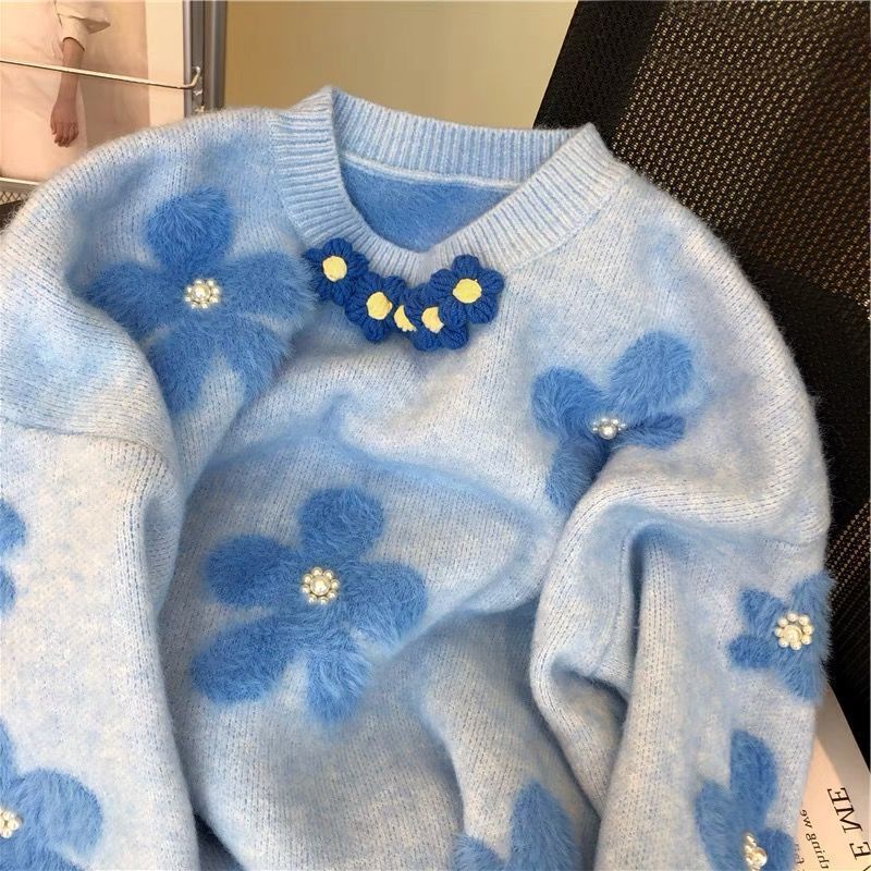 Áo Sweater Màu Xanh Sữa Đính Hạt Mềm Mại Thời Trang Thu Đông 2022 Cho Nữ