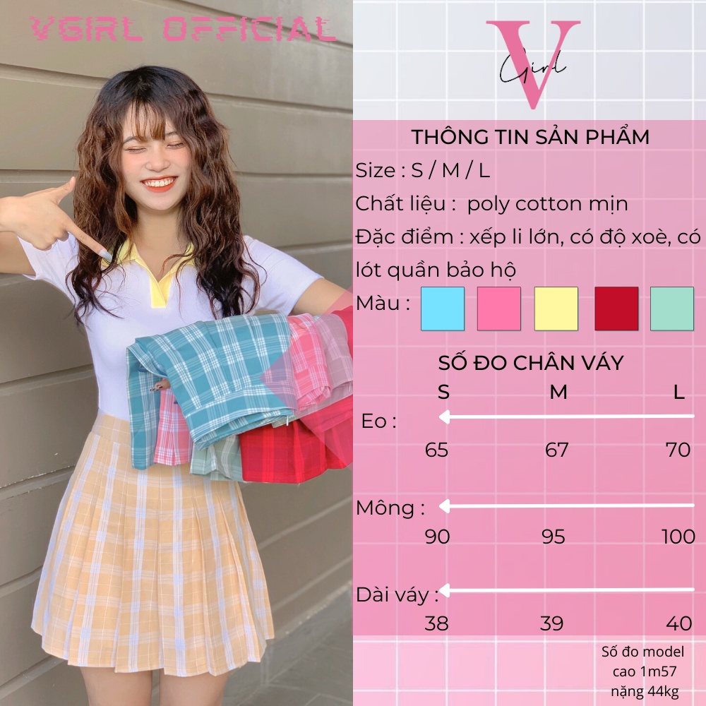Chân váy xếp ly xoè caro nữ VGIRL lưng cao có nhiều màu dáng chữ A