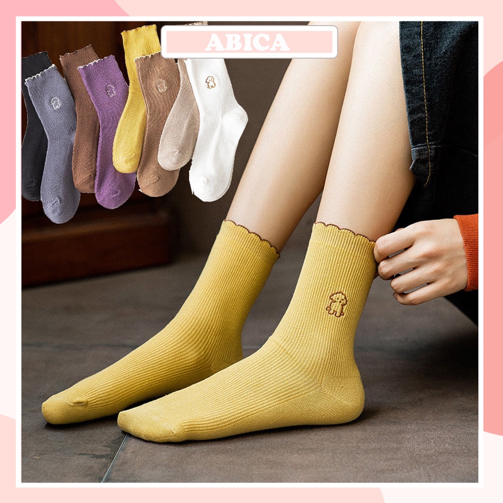 Tất nữ cổ bèo họa tiết cún con đáng yêu vớ lolita len gân mềm thời trang vintage Hàn Quốc thích hợp mùa hè ABICA TD032