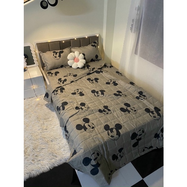 Bộ chăn ga gối micky nâu cotton poly, set chăn ga gối micky cotton poly miễn phí bo chun ga giường