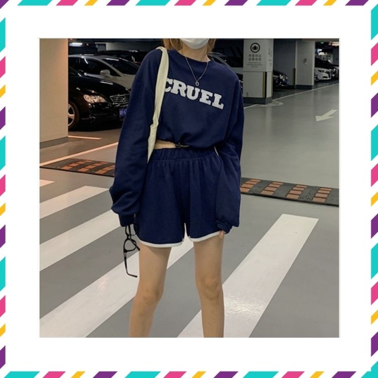 Sét đồ nữ xanh vải cotton, áo croptop rút eo dài tay, quần short ngắn Quảng Châu, bộ quần áo freesize (Hàng Order)