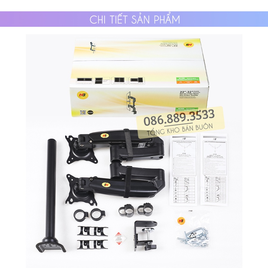 H180 / Giá Treo 2 Màn Hình NB H180 22 - 32 Inch / Giá Đỡ Hai Màn Hình Kẹp Bàn - Xoay 360 Độ