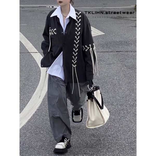 TKLIHN Áo khoác Sơ mi Ulzzang phong cách độc lạ UNISEX cá tính thiết kế dây đan HOT FASHIONITA 2021