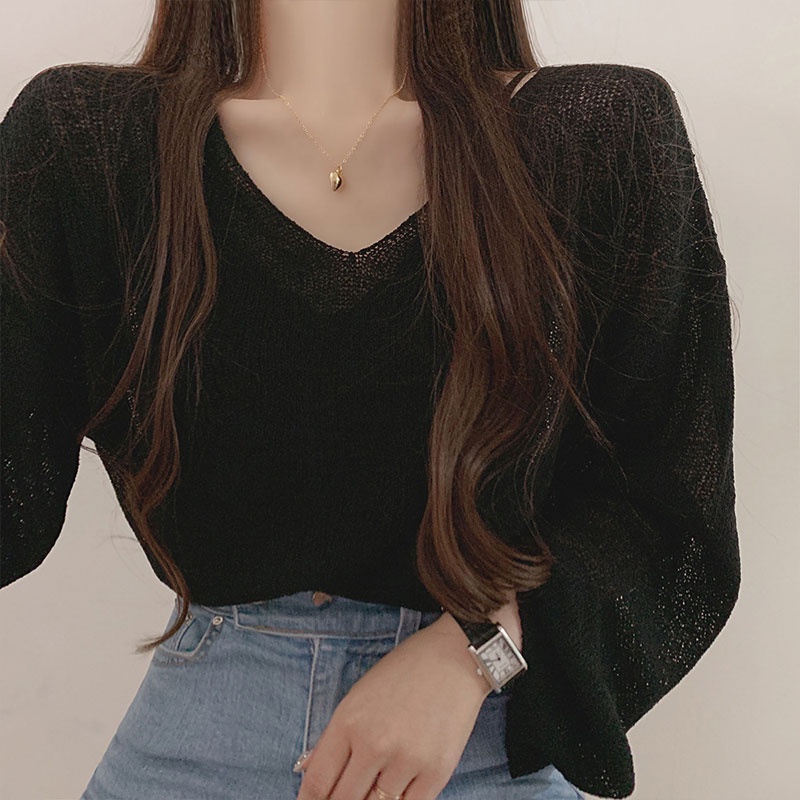 Áo dệt kim YEYA chống nắng tay loe cổ chữ V thắt nơ sau lưng thời trang cho nữ