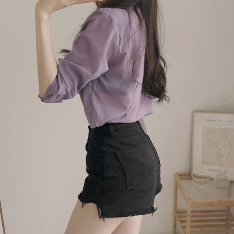 Áo sơ mi nữ tay dài dáng rộng màu trơn đơn giản thanh lịch