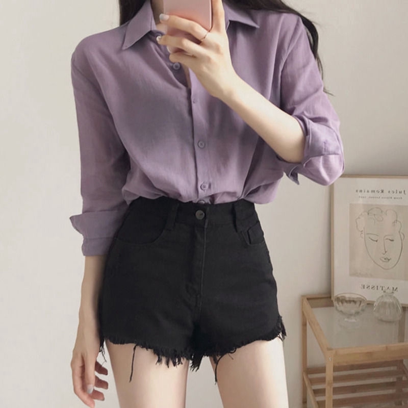 Áo sơ mi nữ tay dài dáng rộng màu trơn đơn giản thanh lịch