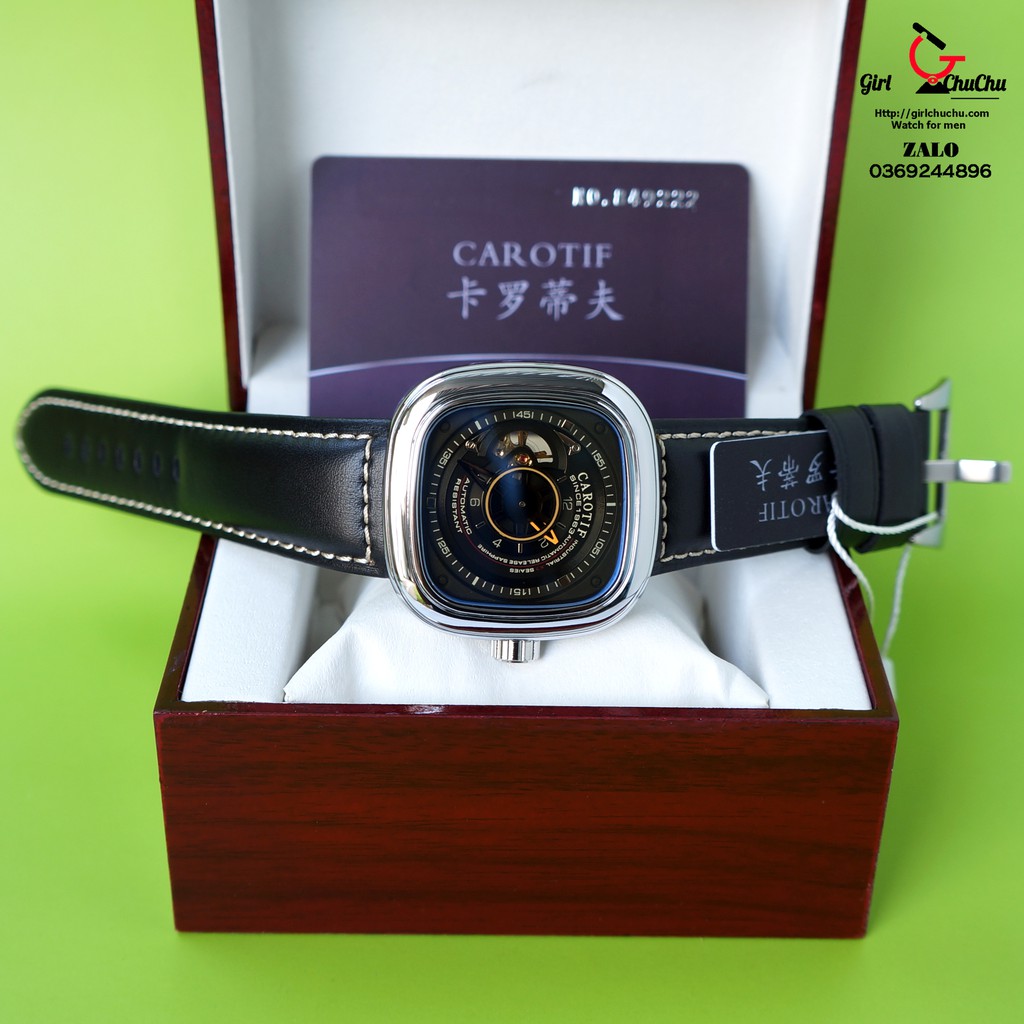 Đồng Hồ Nam Carotif máy cơ tự động mặt đen viền trắng (style sevenfriday) cao cấp