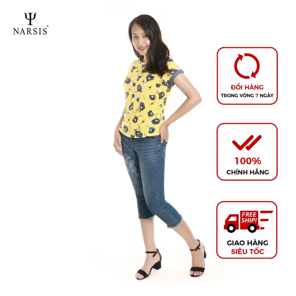 Quần ngố bò nữ P7015 thương hiệu NARSIS màu xanh dương thêu hoa