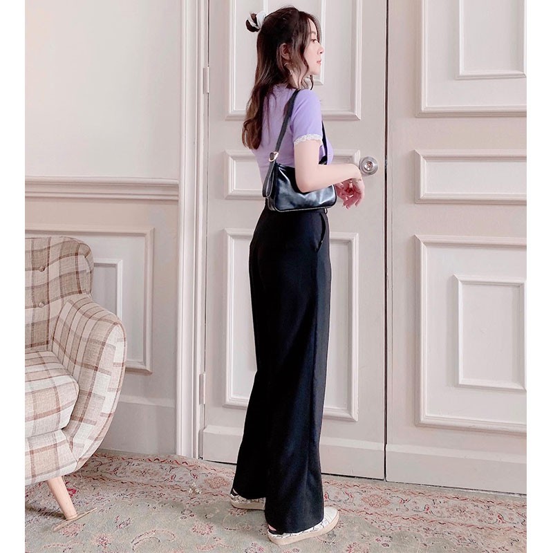 Quần ống rộng xuông cạp cao chống nhăn hack dáng đen trơn  tingoan CHARLIE CULOTTES/BL | BigBuy360 - bigbuy360.vn