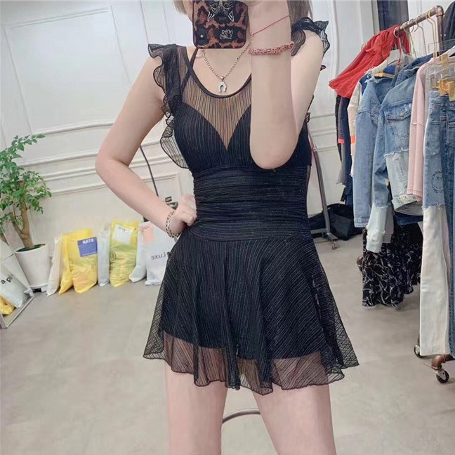Bộ Đồ Bơi Một Mảnh Phối Ren Màu Đen Phong Cách Hàn Quốc Quyến Rũ Cho Nữ 1466