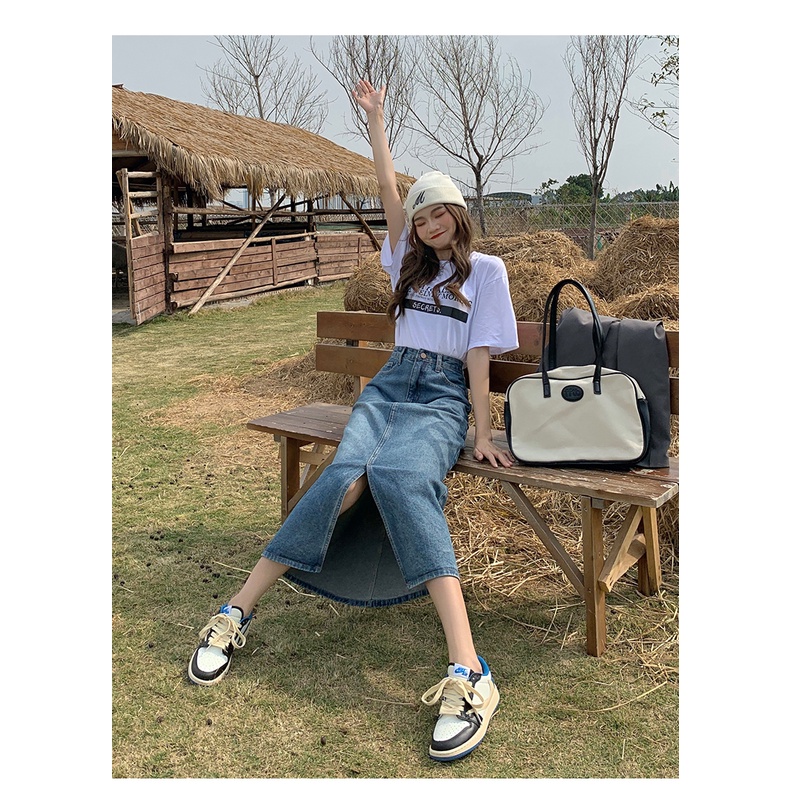 Chân váy jean dáng chữ A dài lưng cao thiết kế xẻ tà phong cách Mỹ retro thời trang mới dành cho nữ