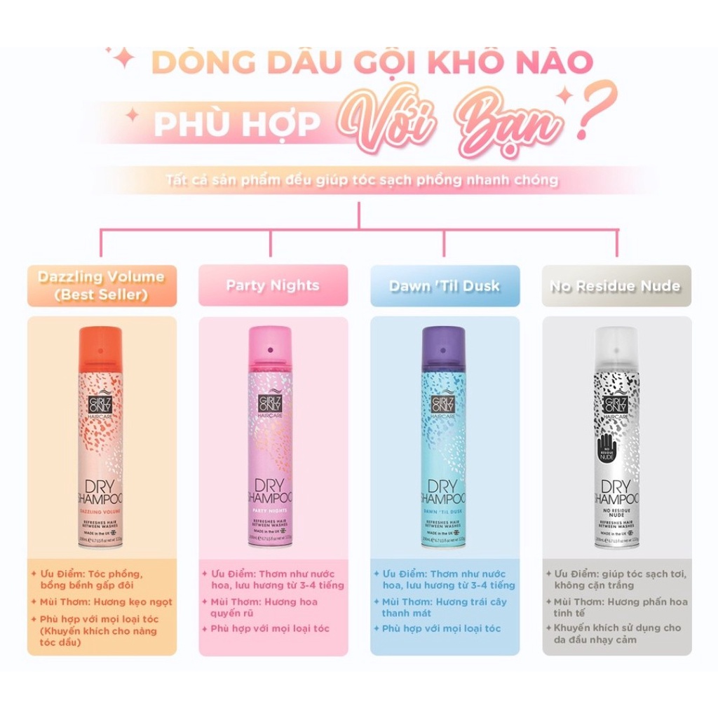 Dầu Gội Khô Girlz Only Party Nights / Dawn 'Til Dusk / Dazzling Volume / No Residue Nude 200ml